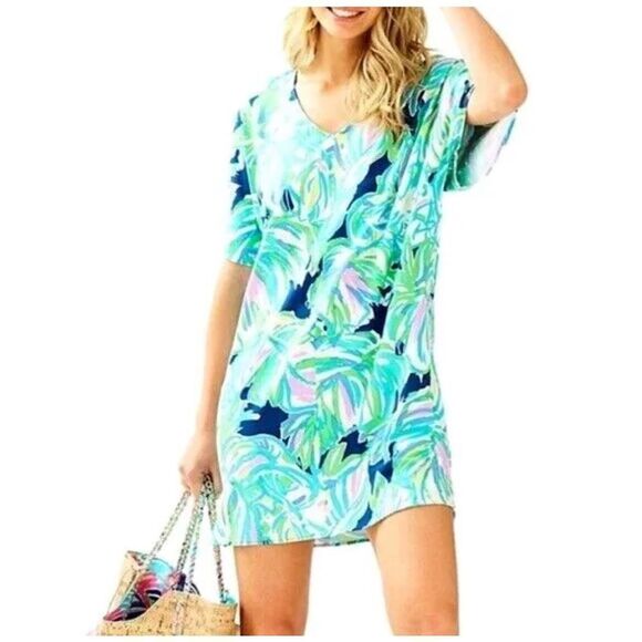 Lilly Pulitzer Women's Mini Dress Lindley Caftan Uptown Trunk Print Blue Small - Picture 4 of 9